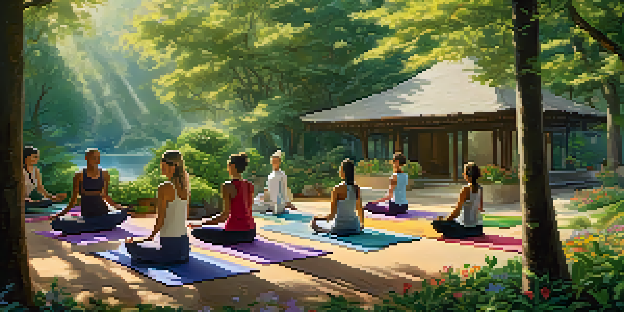 A diverse group of people practicing yoga in a lush garden, surrounded by vibrant flowers and tall trees under soft sunlight.