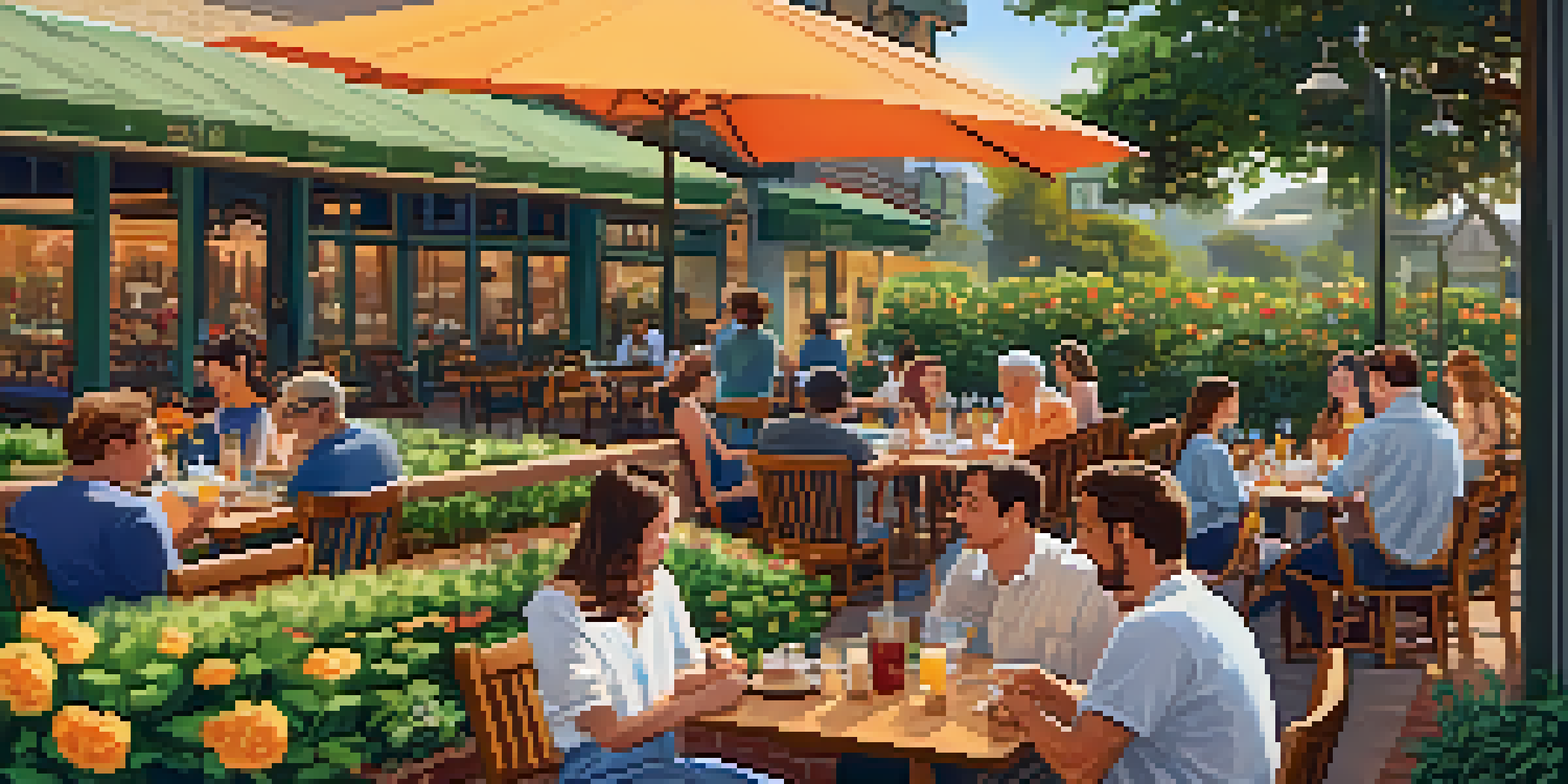An outdoor dining area at a restaurant in Los Angeles with a well-maintained garden and diners, featuring a drip irrigation system.