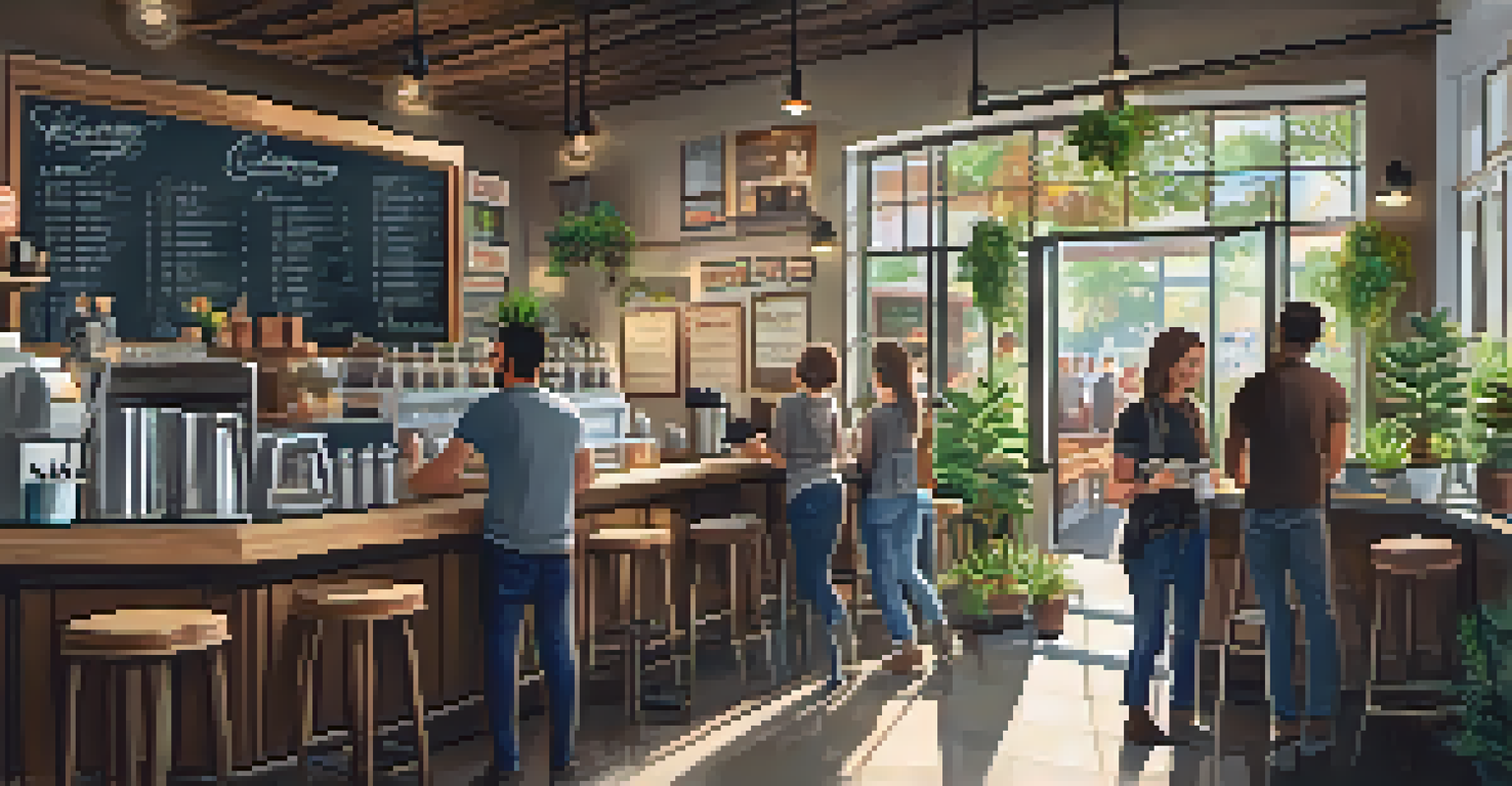 A warm and inviting local coffee shop filled with customers, plants, and local artwork, illuminated by sunlight streaming through the windows.
