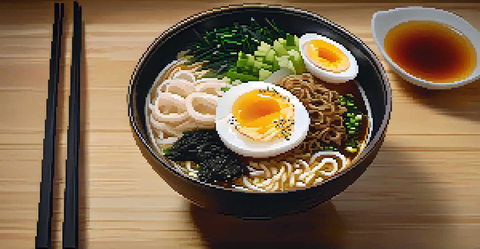 A delicious bowl of ramen with rich broth and colorful toppings, placed on a wooden table with chopsticks.