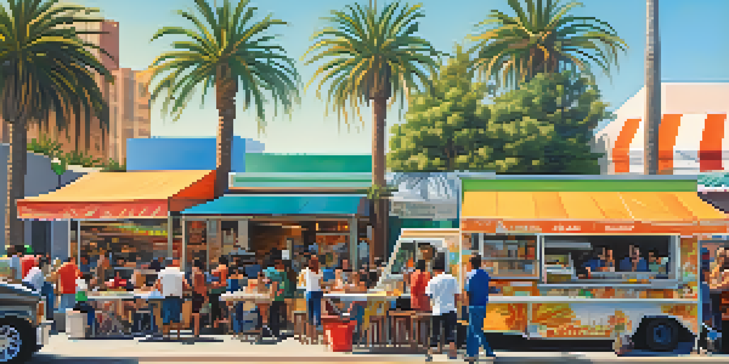 A lively street food scene in Los Angeles with diverse people enjoying colorful dishes from various food trucks.