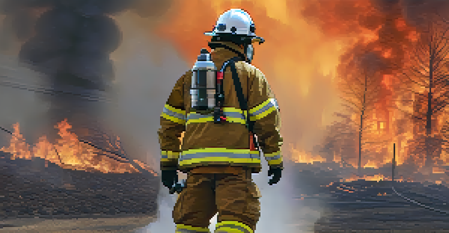 Close-up of a firefighter using a tablet with satellite imagery to manage wildfire risks, with smoke in the background.