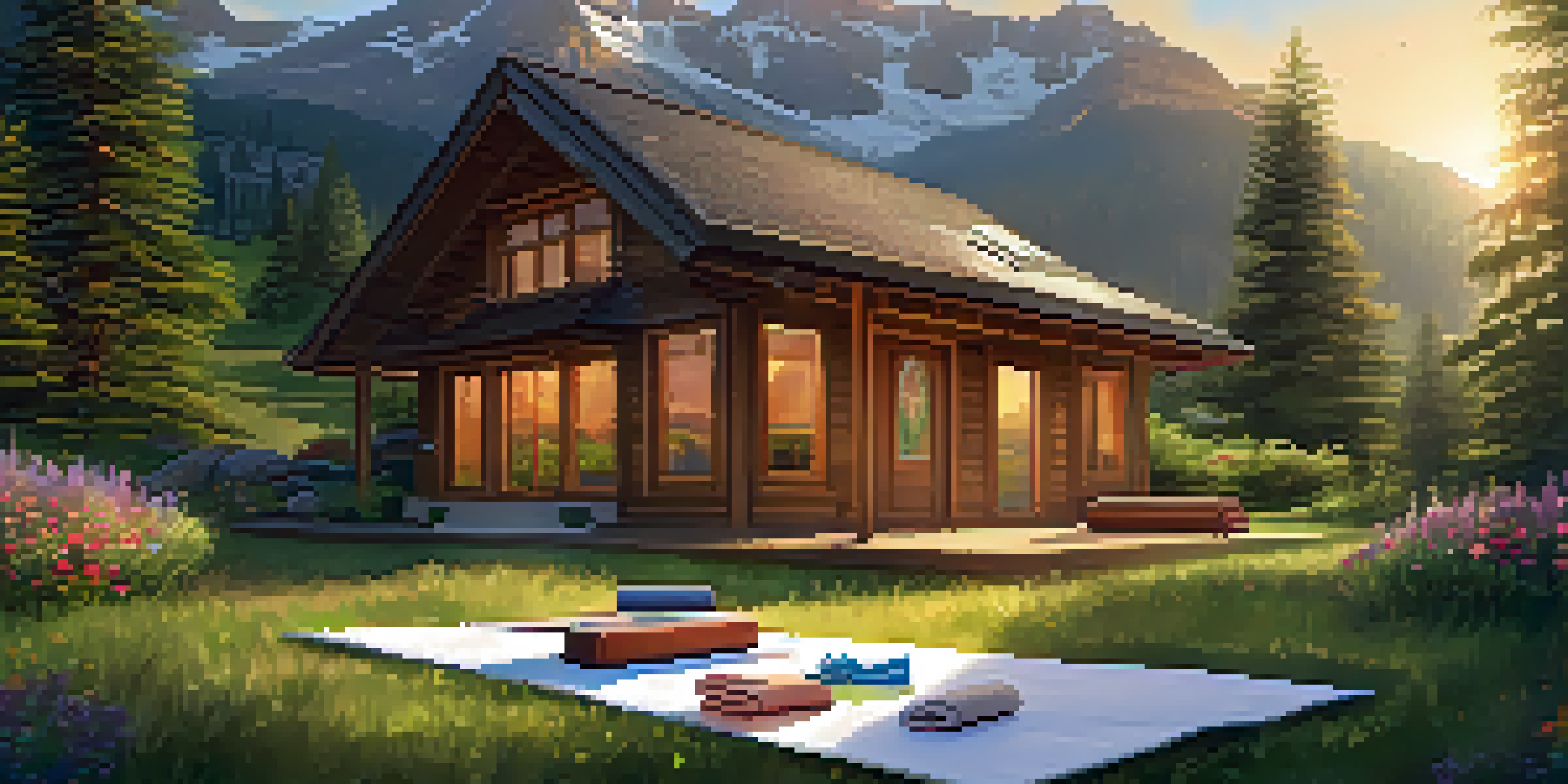 A tranquil mountain wellness retreat with a wooden cabin, green surroundings, and a yoga mat on the grass during sunset.