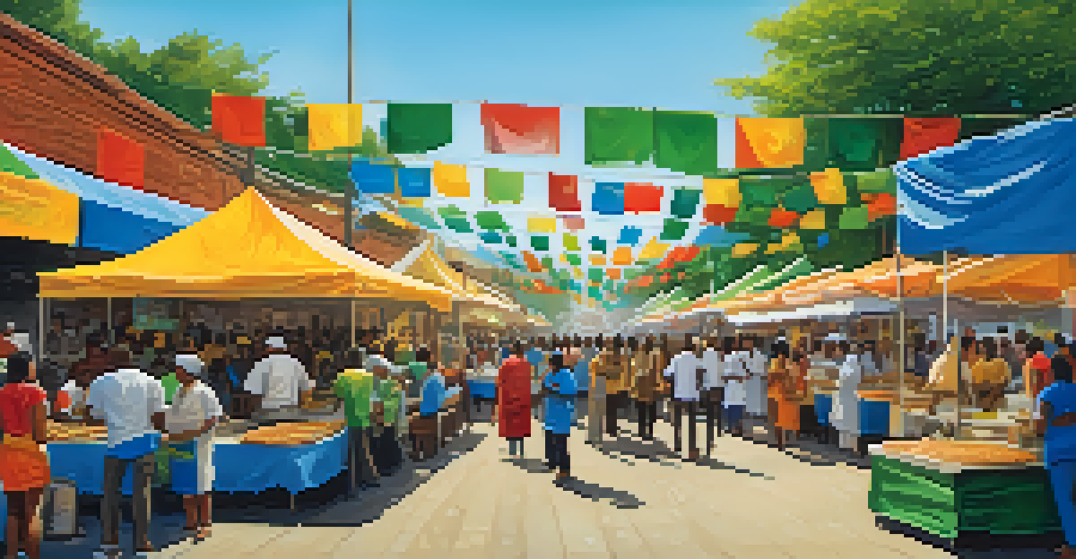A lively street food festival with people enjoying various dishes, including dosas, jerk chicken, and samosas, under a sunny sky.