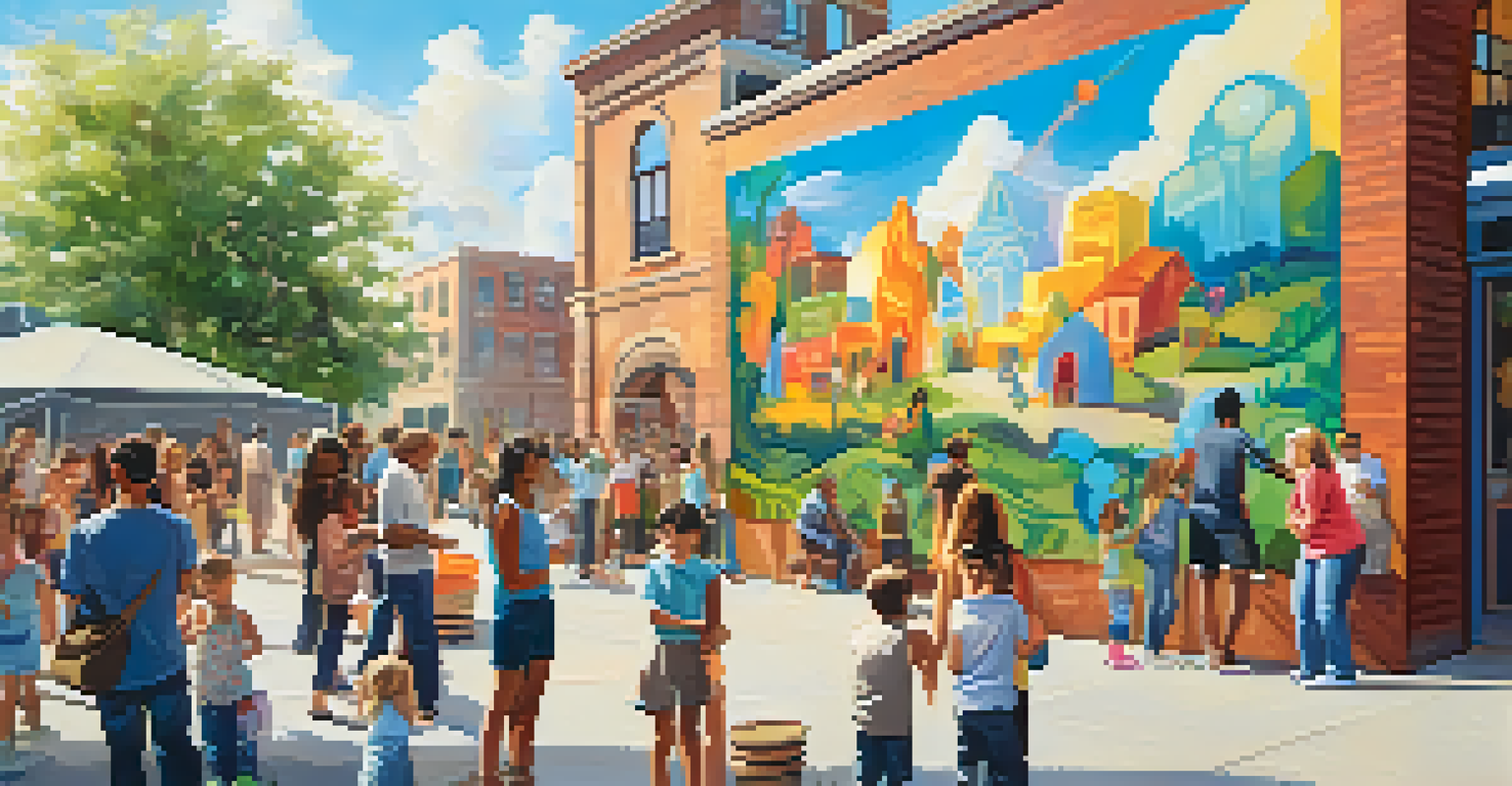 Families interacting with an eco-friendly art installation at an outdoor community event, with colorful murals in the background.