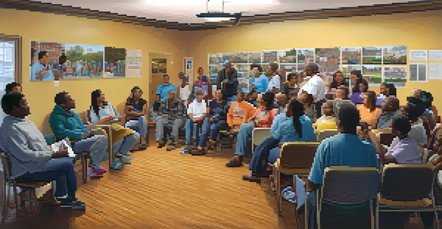 A community meeting with residents discussing local issues, surrounded by informative posters and a projector screen.