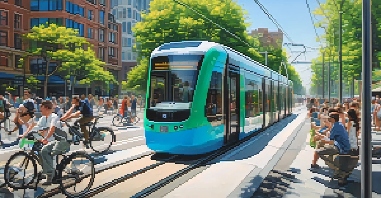 A modern tram in a green city with trees and cyclists, under a clear blue sky.