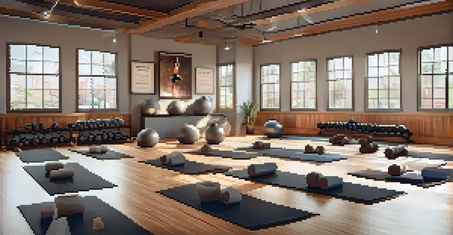 A small yoga class in a cozy boutique gym, with participants practicing poses under soft lighting, guided by an instructor.