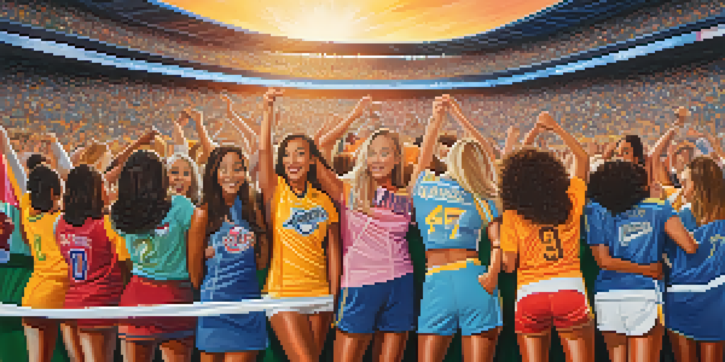 A diverse group of female sports fans at a Los Angeles event, wearing team jerseys and surrounded by colorful banners.
