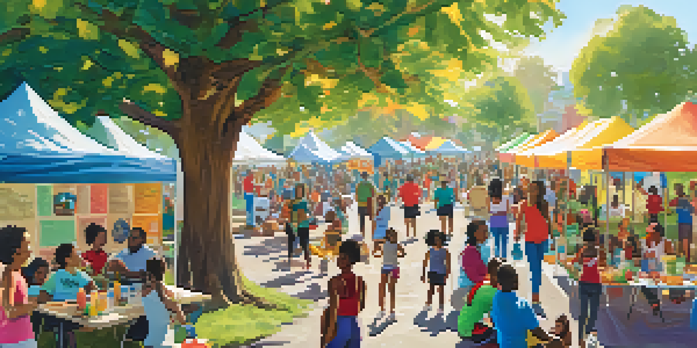 A lively community health fair with diverse people participating in health activities, including yoga and nutrition information stalls under a sunny sky.