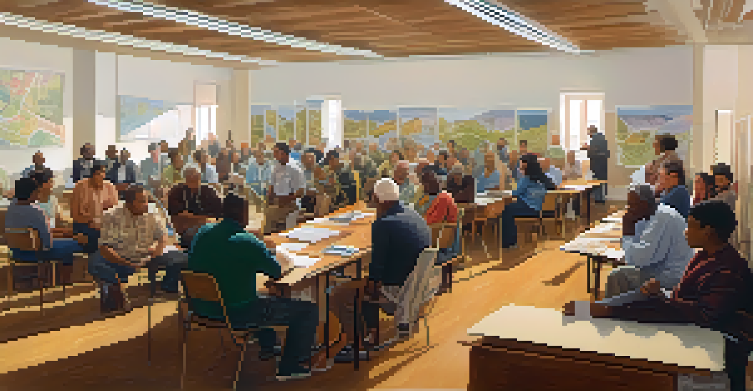 Residents gathered in a community meeting discussing urban development, with charts and maps displayed around them.