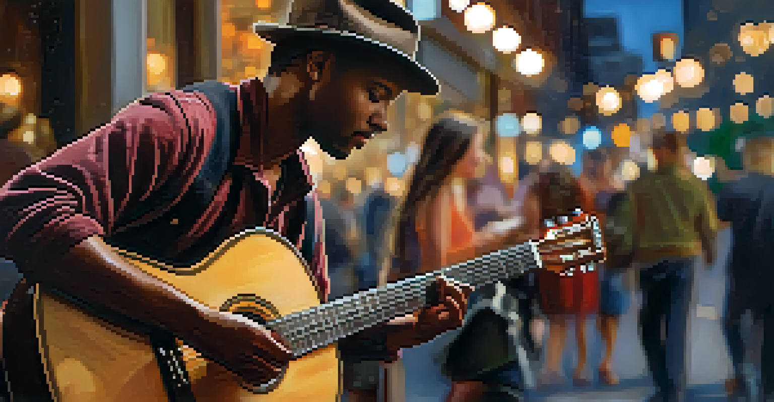 A close-up of a street musician playing guitar, surrounded by captivated listeners and blurred city lights in the background.