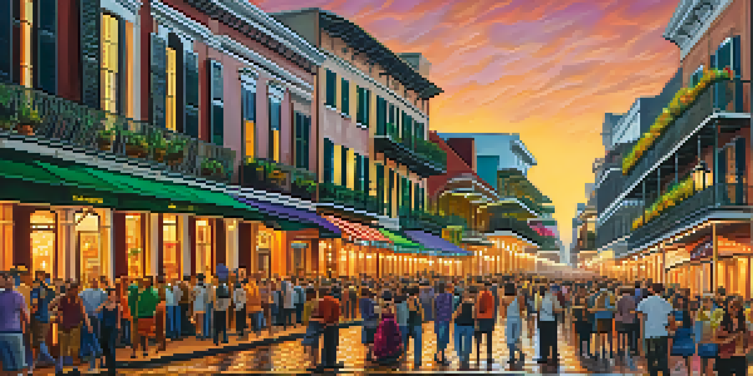 A lively street during Mardi Gras in the French Quarter, filled with colorful floats and excited crowds, surrounded by historic buildings.