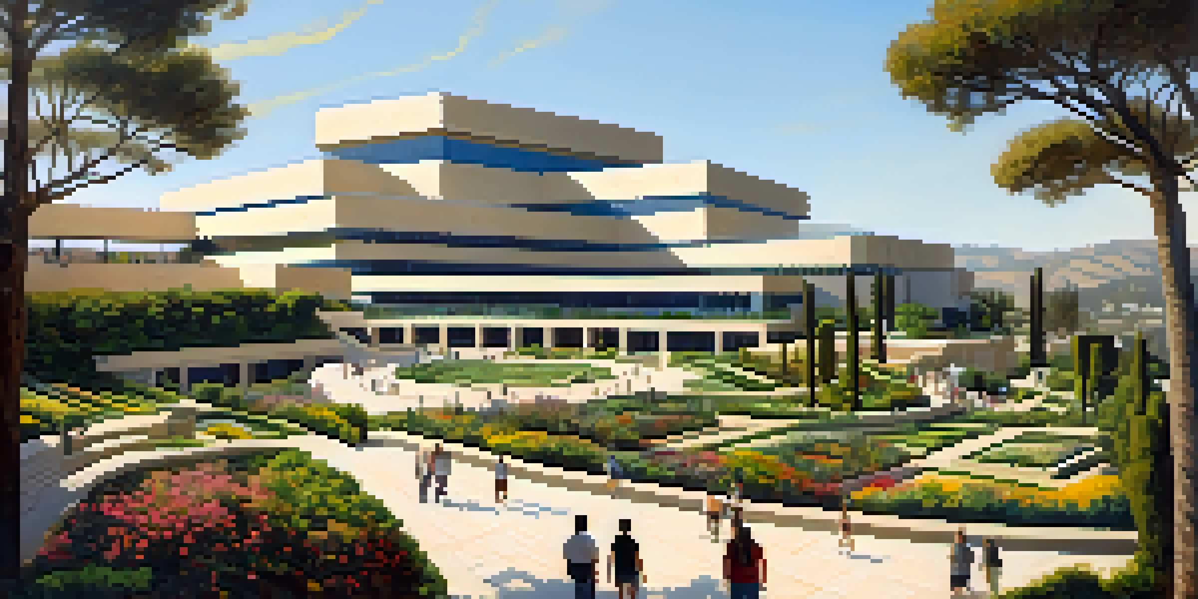 A panoramic view of The Getty Center with modern architecture and lush gardens under golden sunlight.