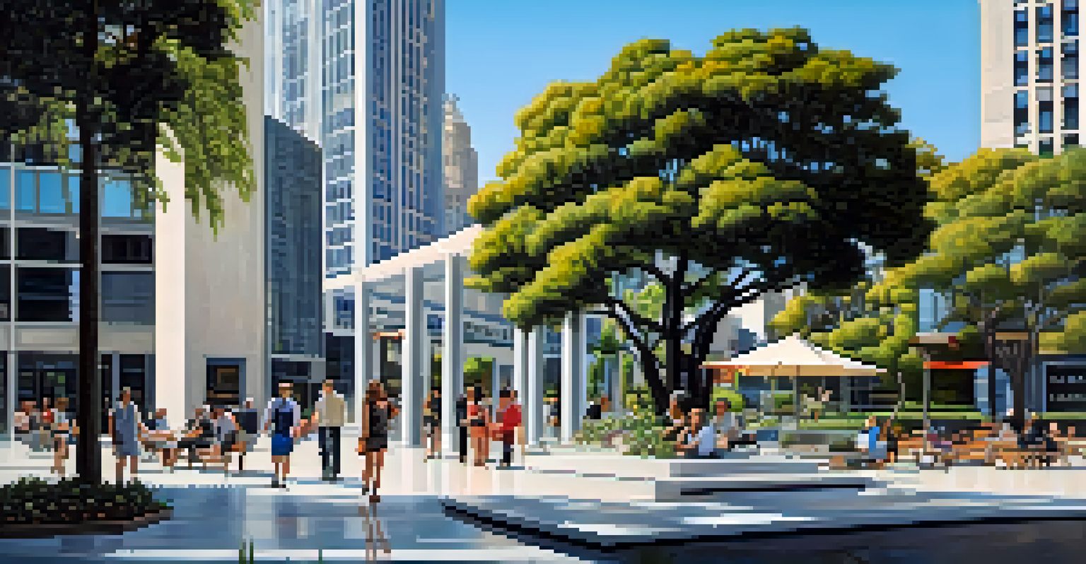 A vibrant downtown Los Angeles skyline with modernist skyscrapers and a park with sculptures, showcasing urban life.