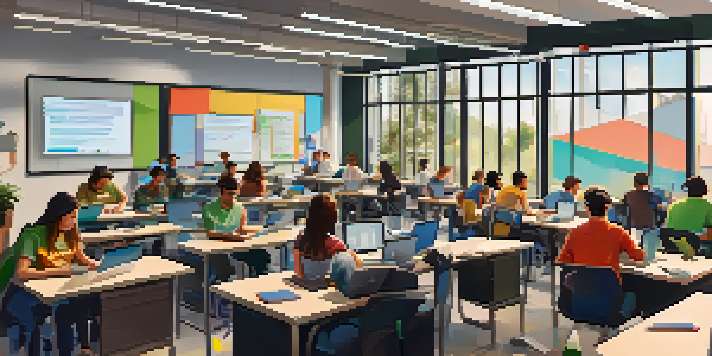 A modern coding boot camp classroom with diverse students working on laptops in a bright and engaging environment.