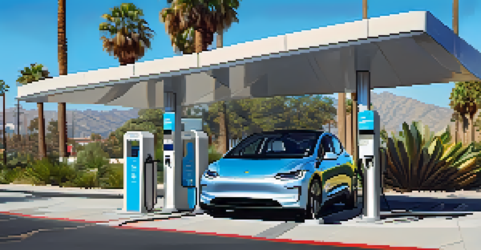 An electric vehicle charging at a station in Los Angeles, surrounded by palm trees and a clear blue sky.