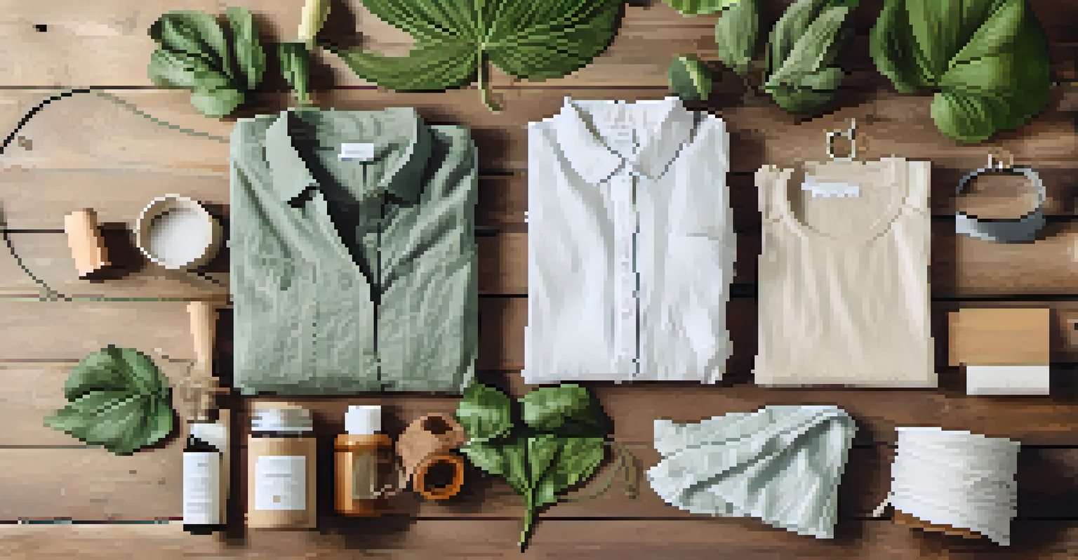 An artistic flat lay of sustainable fashion materials like organic cotton and recycled polyester on a wooden surface, decorated with leaves and accessories.