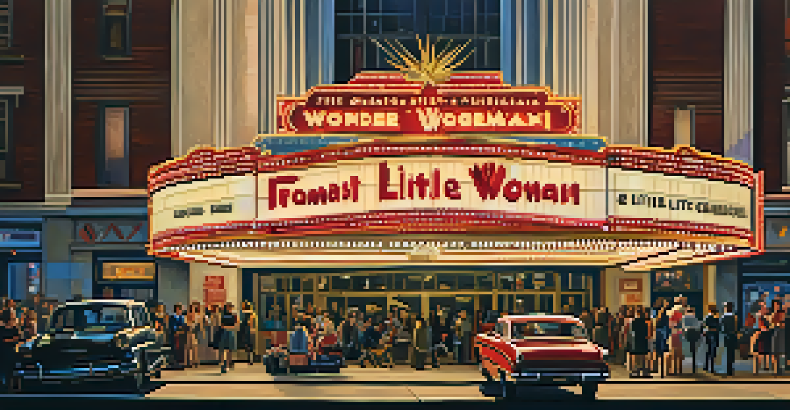 A movie theater marquee at night showcasing female-led films, surrounded by excited moviegoers.