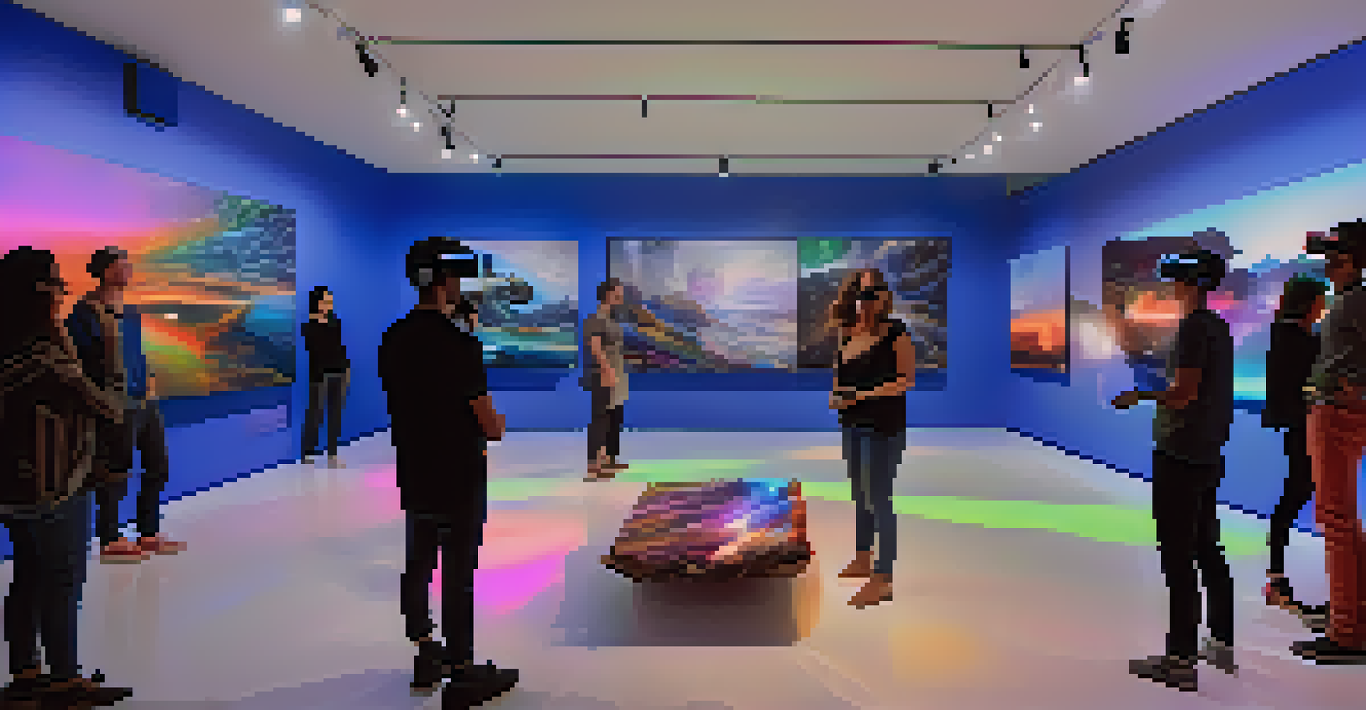 Artists and viewers engaging with a virtual reality art installation in a modern Los Angeles gallery.