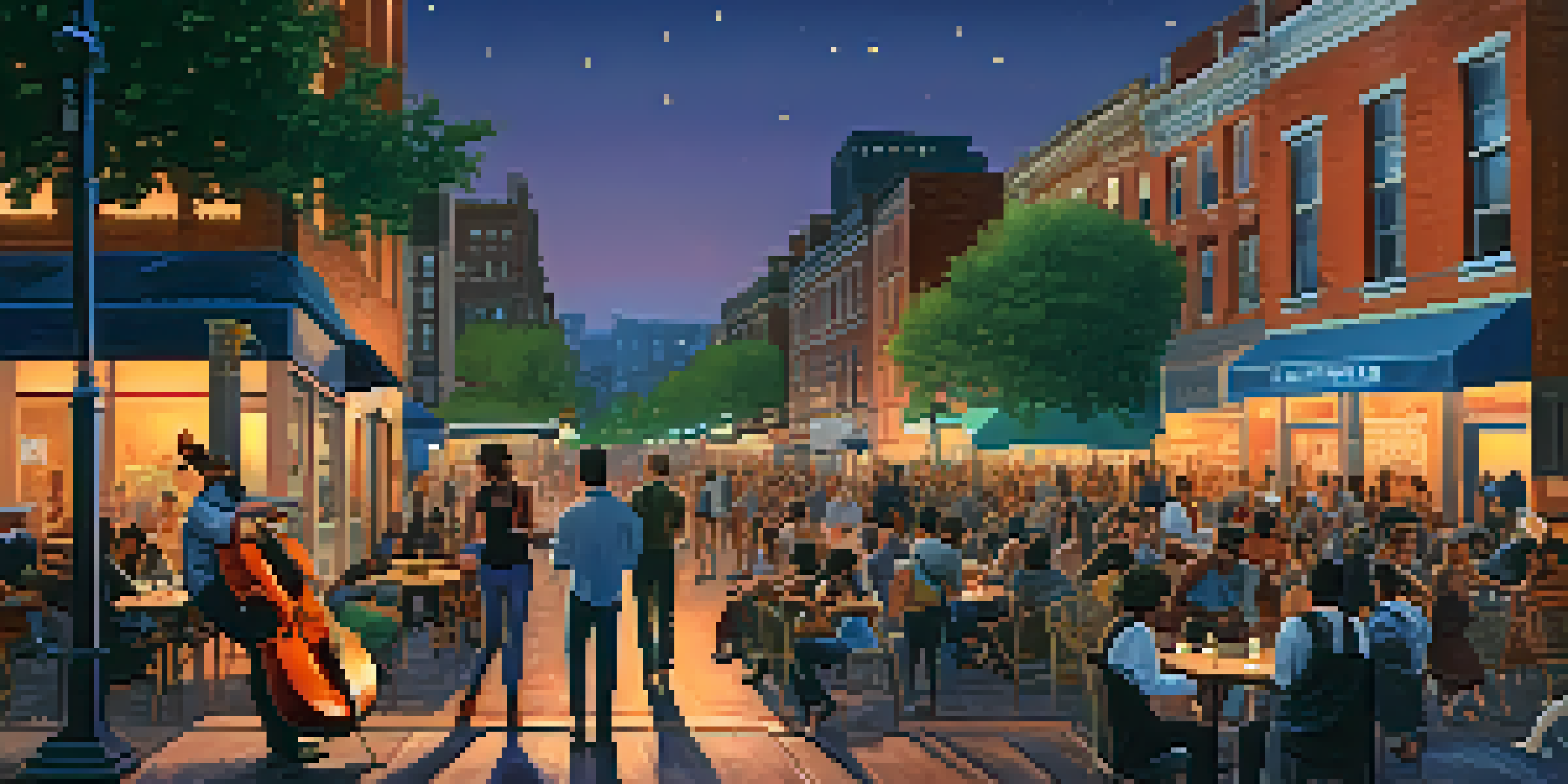 A city street at twilight with diverse people and twinkling lights.