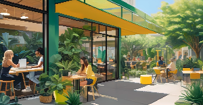 An outdoor co-working space in Los Angeles with diverse entrepreneurs working together in a vibrant, sunny environment.