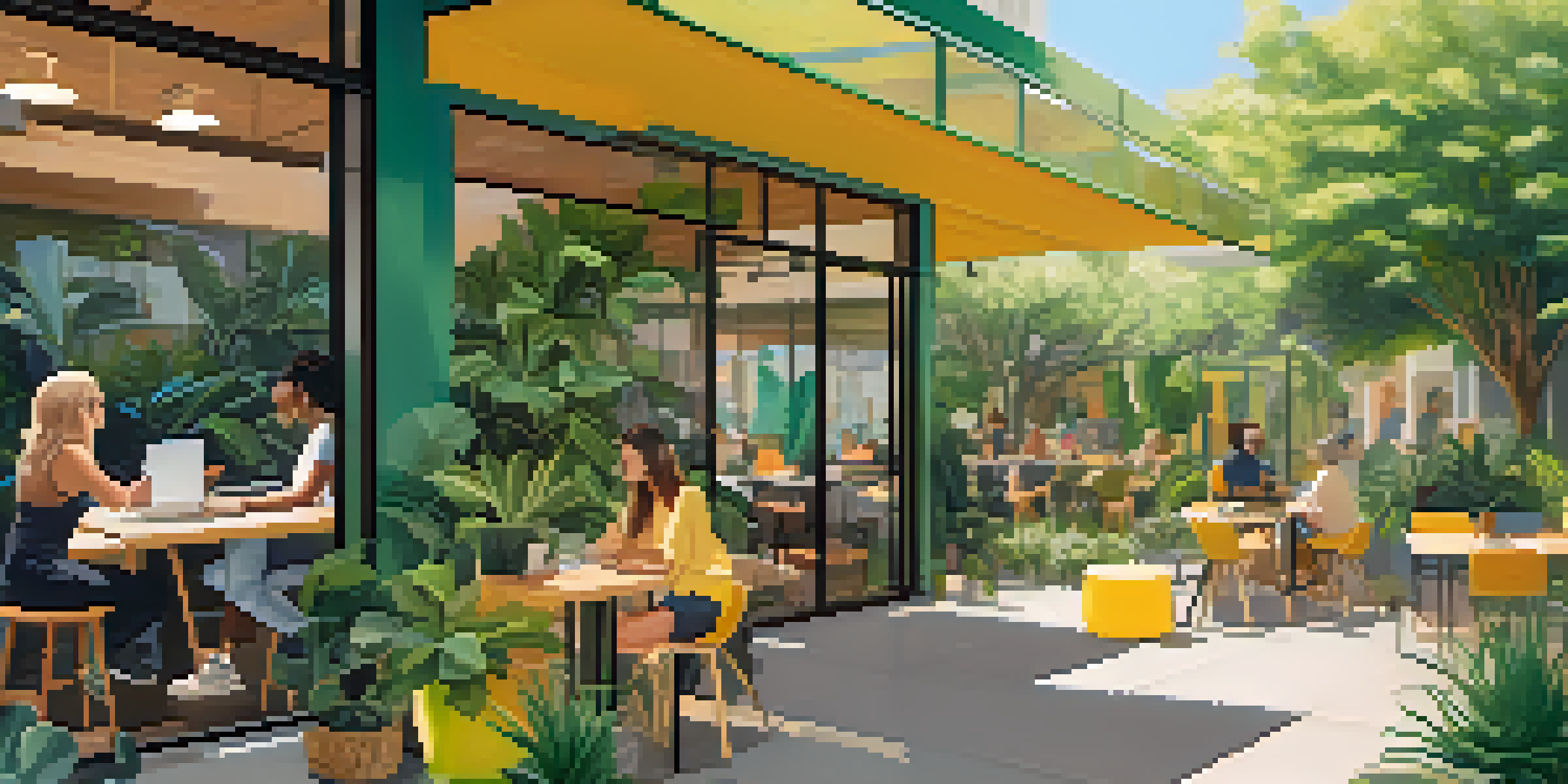 An outdoor co-working space in Los Angeles with diverse entrepreneurs working together in a vibrant, sunny environment.