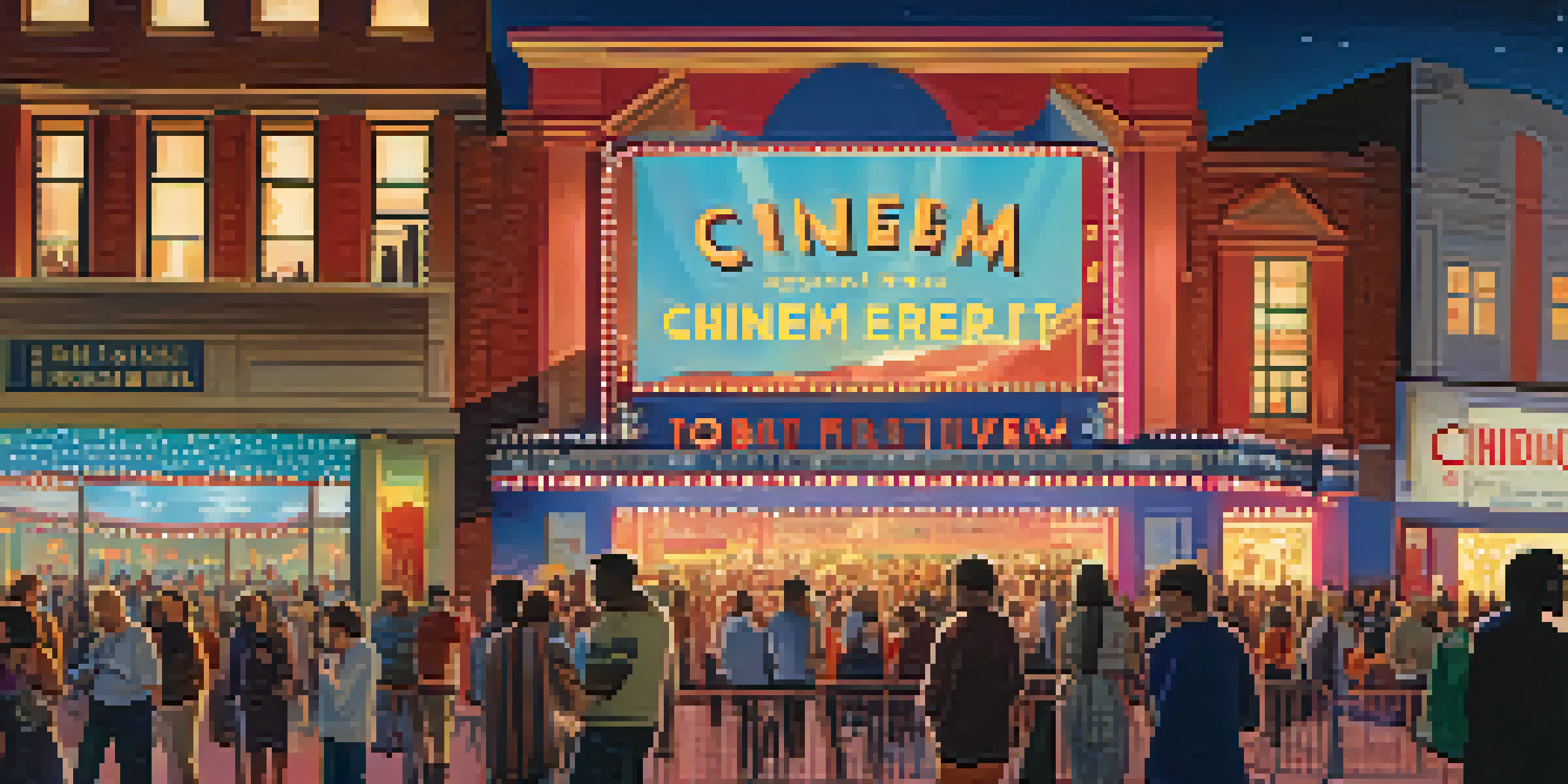 A lively film festival scene with diverse attendees outside a historic cinema illuminated by fairy lights at dusk.