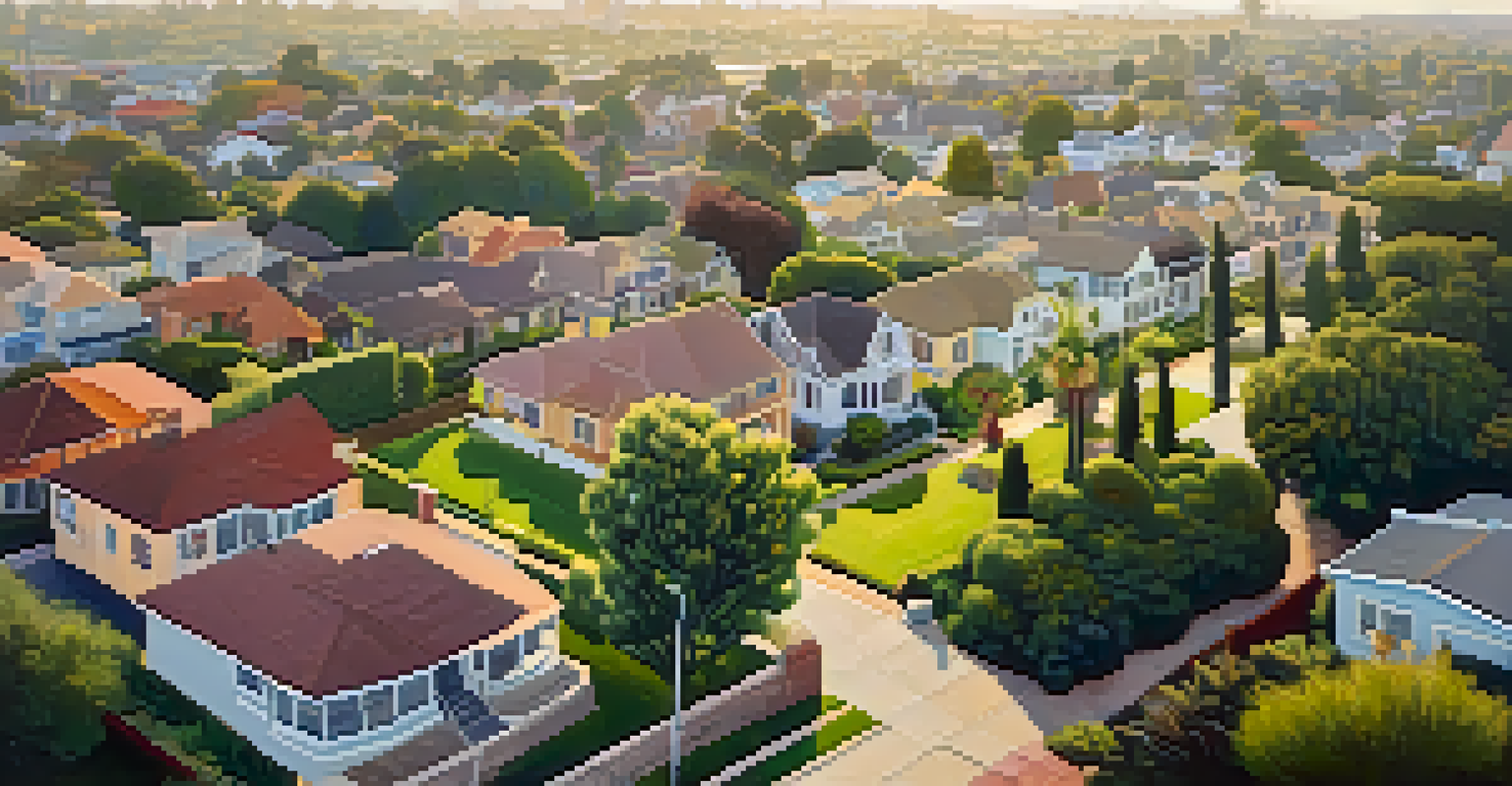 An aerial view of a historical neighborhood in Los Angeles with vintage homes and parks during golden hour.