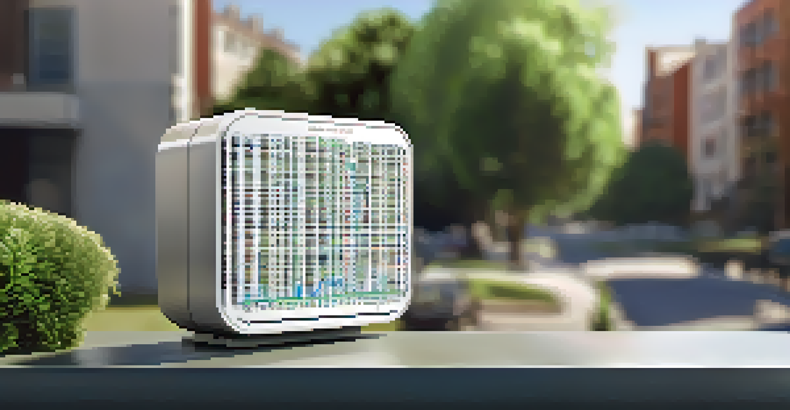 A close-up of an air quality monitoring device showing real-time data, with greenery and urban buildings in the background.