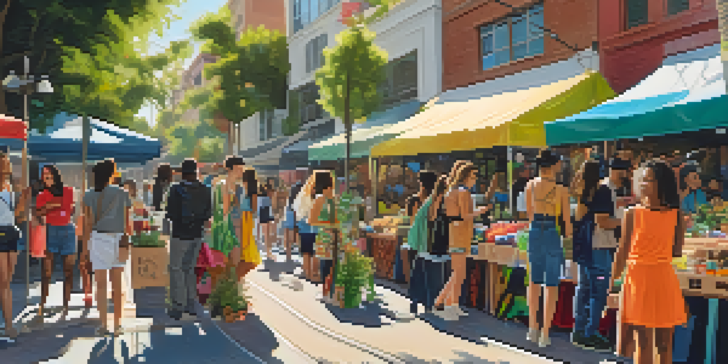 A lively outdoor market in Los Angeles displaying sustainable fashion items, with colorful stalls and diverse shoppers enjoying the atmosphere.