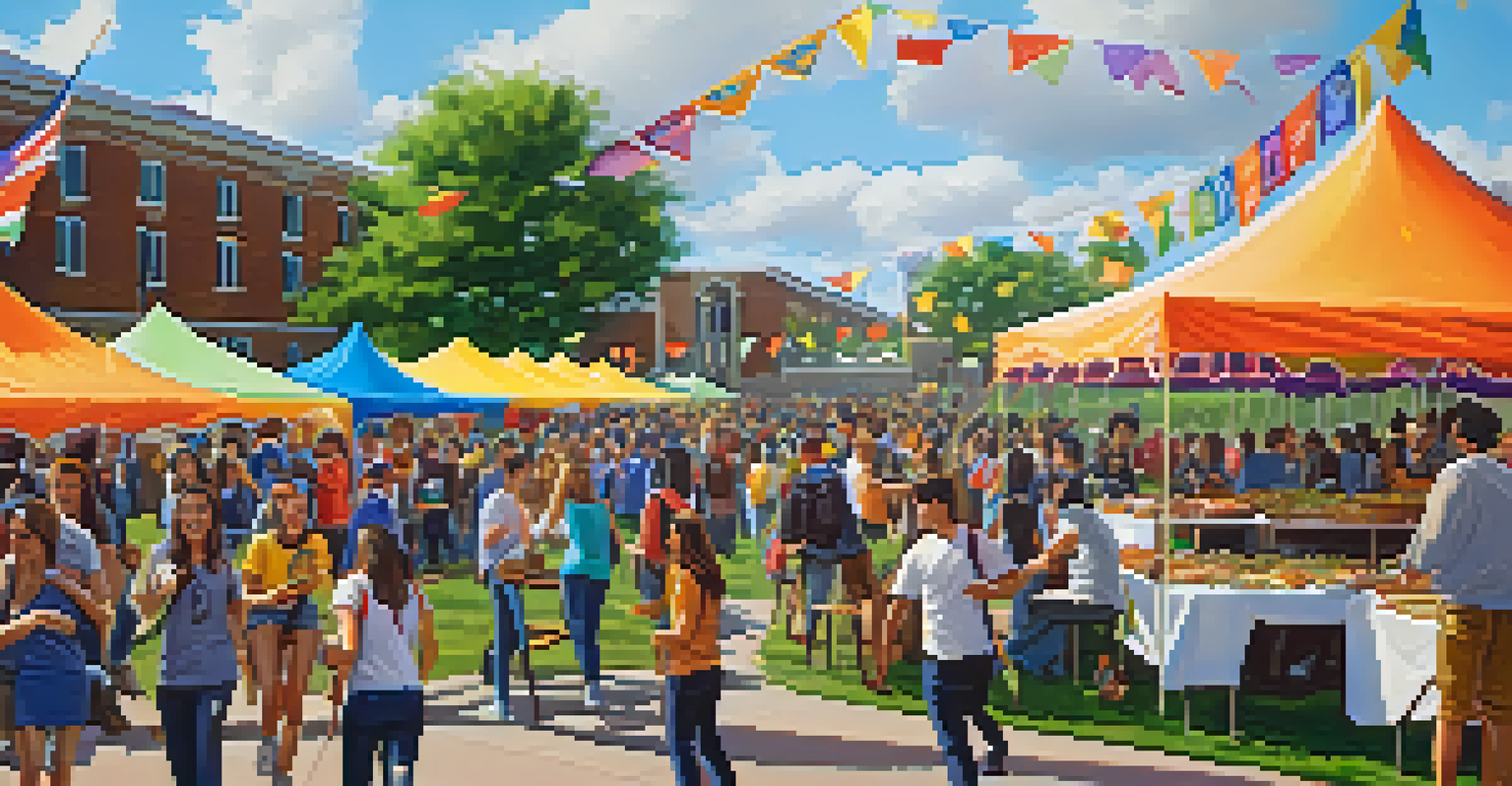 A lively college social event on a university campus with students enjoying games and activities under colorful tents.