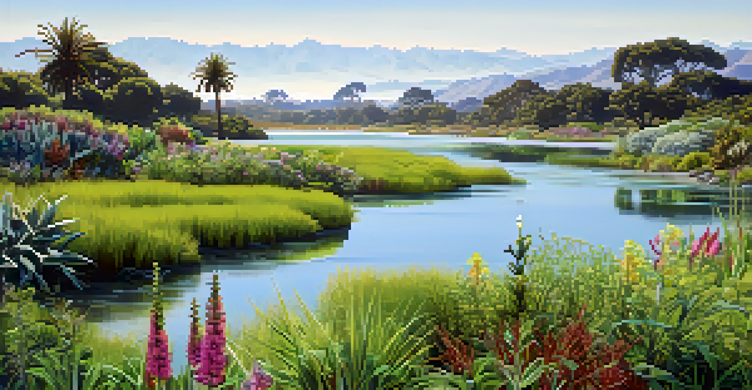 A close-up view of a coastal wetland restoration project in Los Angeles, showcasing native plants and wildlife with the ocean in the background.