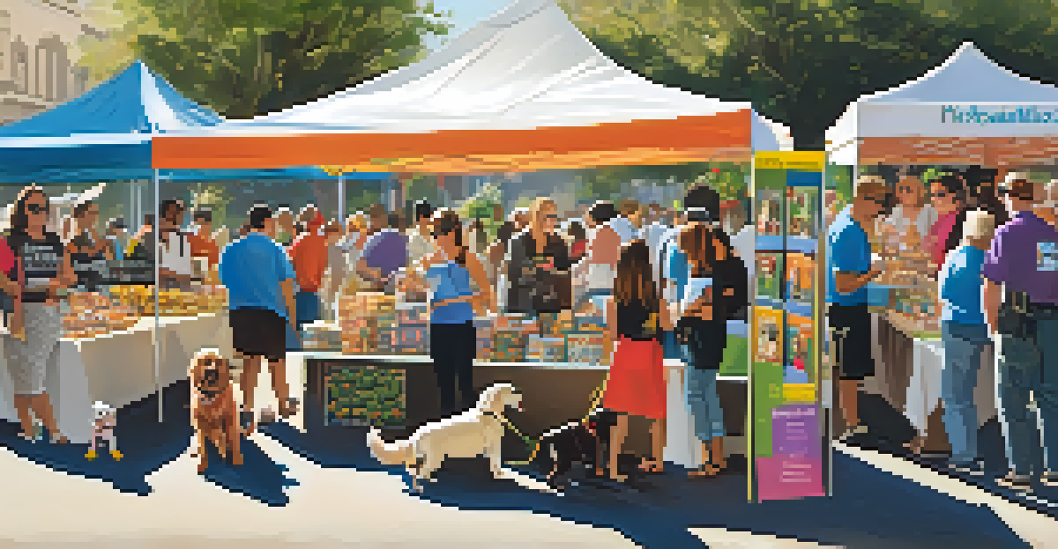 A lively outdoor pet event in Los Angeles featuring people and dogs, with colorful booths and banners, showcasing pet products and adoption opportunities.