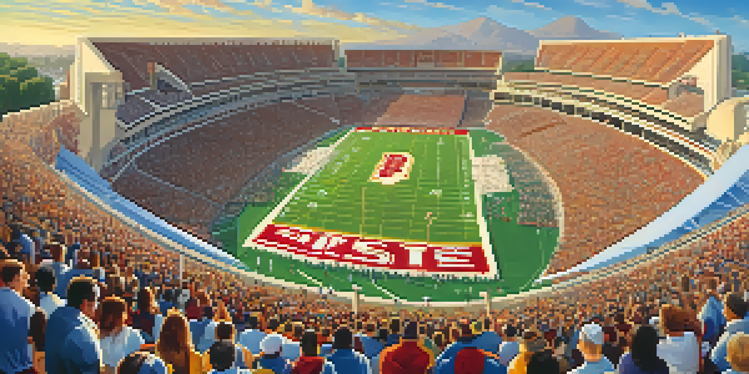 A wide shot of the Los Angeles Memorial Coliseum filled with fans in school colors during a college football game, under a clear blue sky.