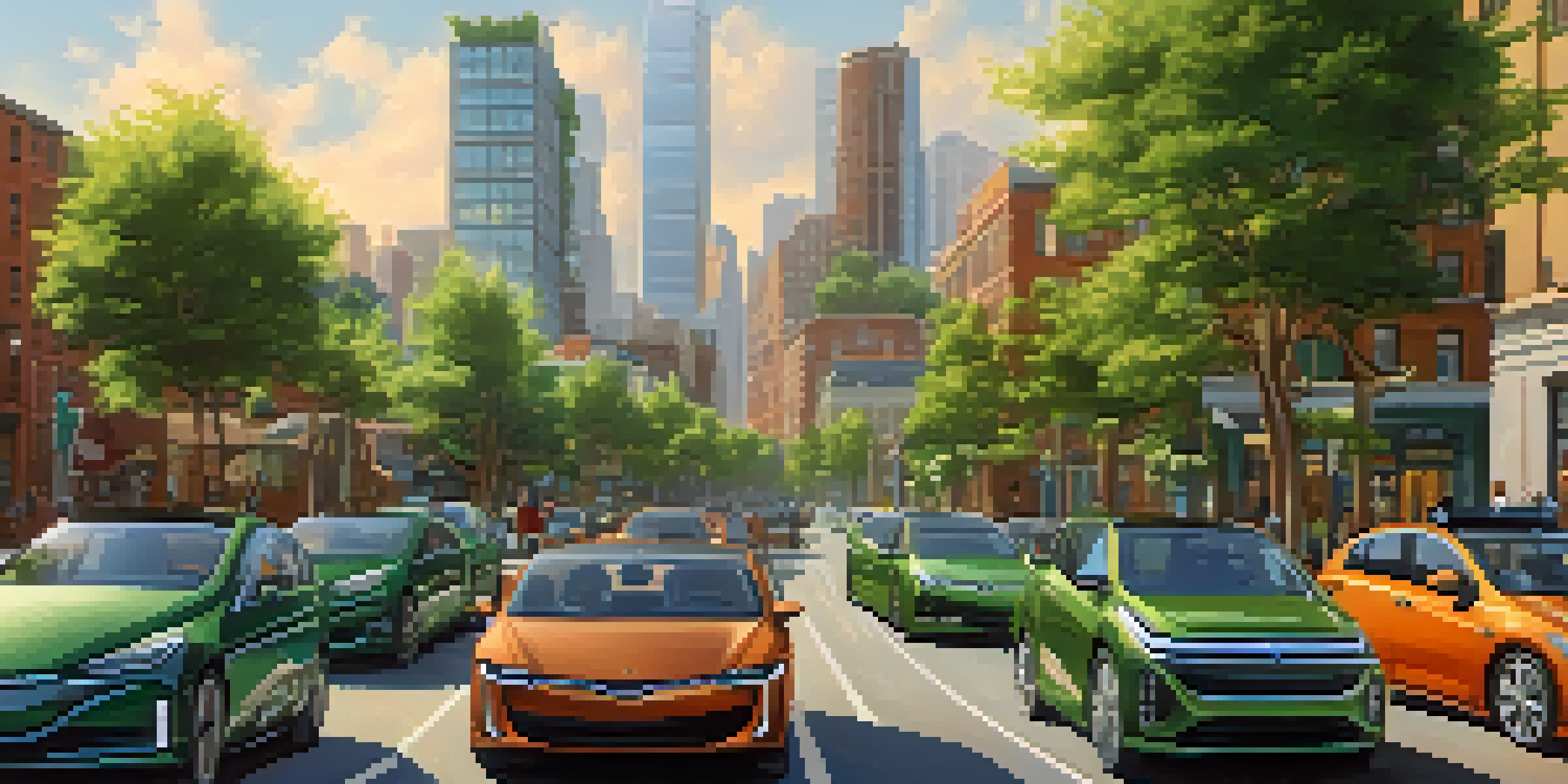 A busy city street featuring electric vehicles and charging stations, with a skyline in the background.