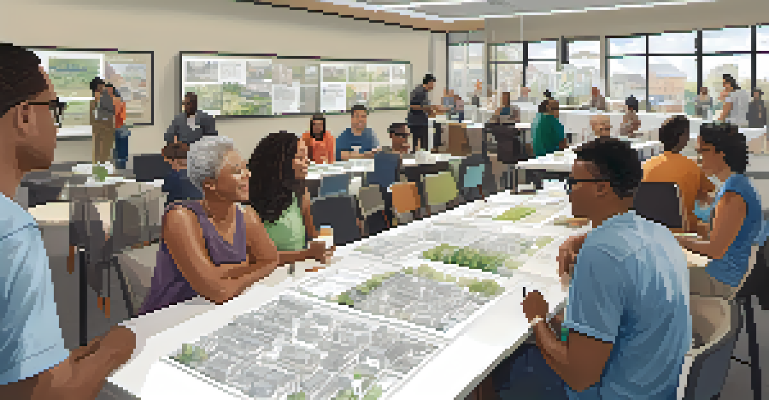 Residents participating in a community workshop discussing affordable housing designs, with blueprints and models on the tables.