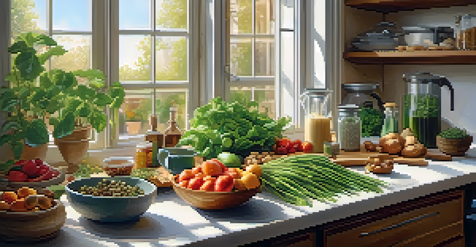 A cozy kitchen with plant-based ingredients and an open cookbook, bathed in warm light from a window.