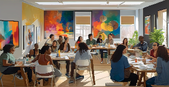 A diverse group of artists collaborating in a bright studio, surrounded by colorful artwork, engaging in discussions.