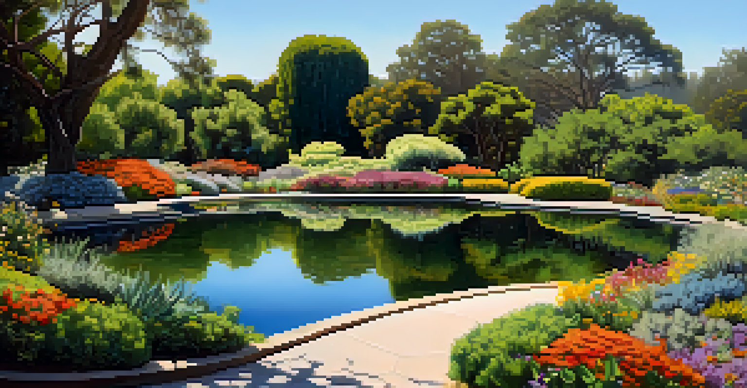 A vibrant scene of the Los Angeles County Arboretum with diverse flowers, butterflies, and a peaceful pond under a sunny sky.
