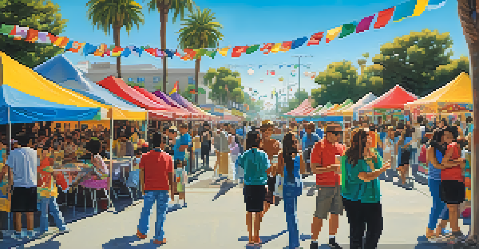 A colorful community festival in Los Angeles celebrating cultural diversity with food, art, and music, filled with joyful attendees.