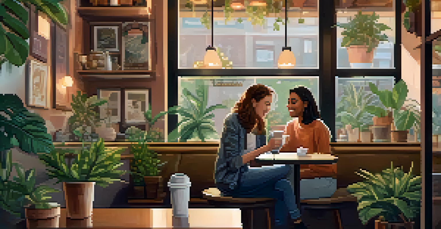 Two LGBTQ+ friends having a heartfelt conversation in a cozy coffee shop, with warm lighting and artistic decor around them.