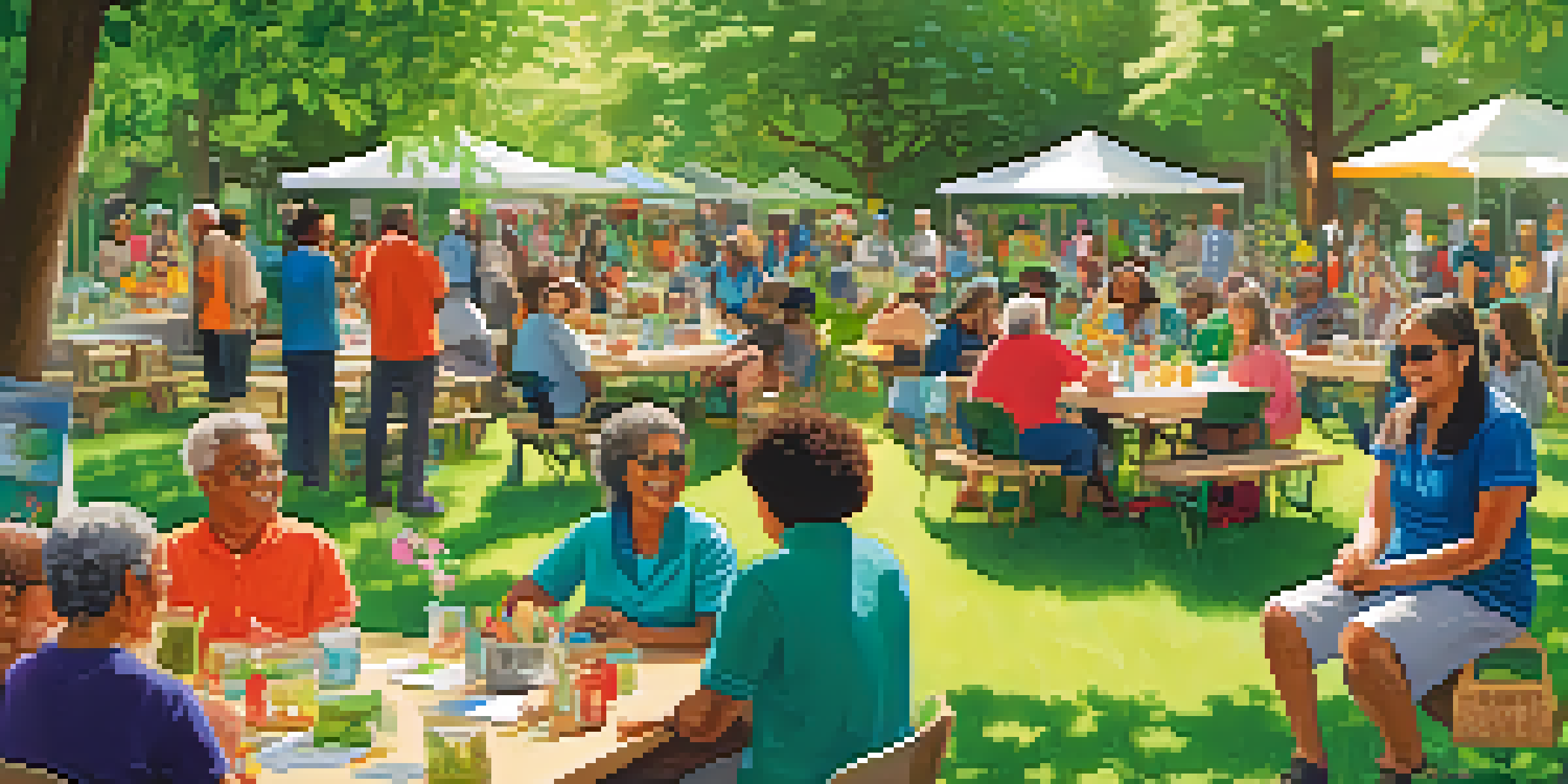 A community gathering in a park with diverse residents participating in a sustainability workshop, surrounded by plants and greenery.