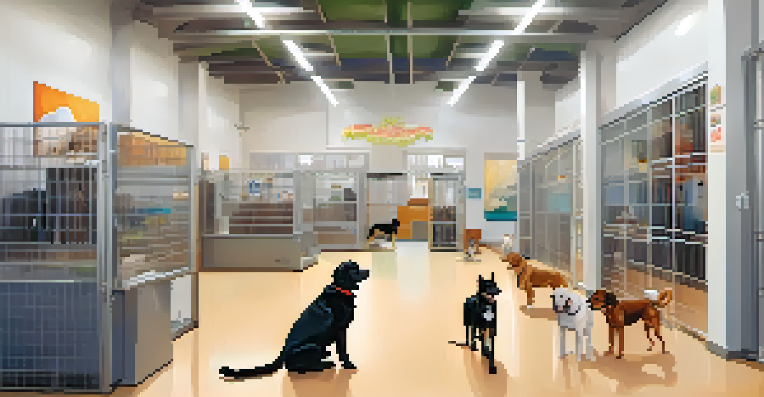 A bright, welcoming animal shelter with caretakers and happy pets in clean kennels.