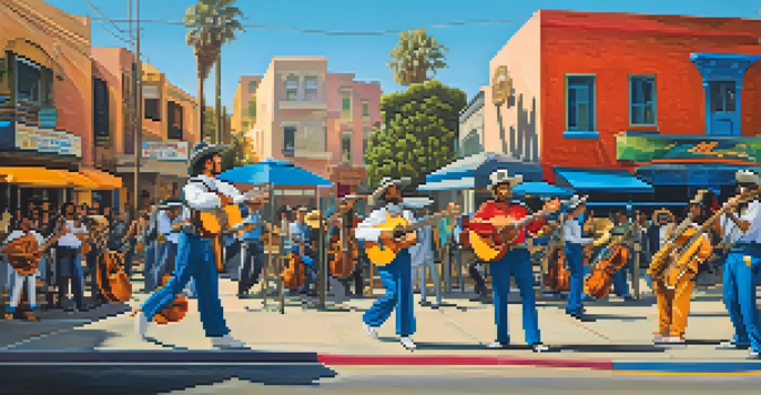 A vibrant street scene in Los Angeles with diverse musicians playing mariachi, hip-hop, and rock music, surrounded by colorful murals and people dancing under a bright blue sky.