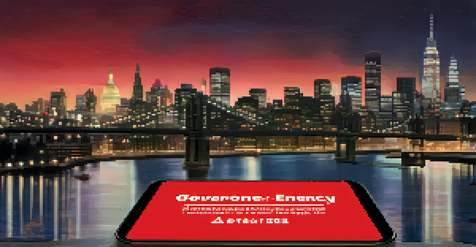 A smartphone with an emergency alert notification against a blurry city background, highlighting the importance of being informed.
