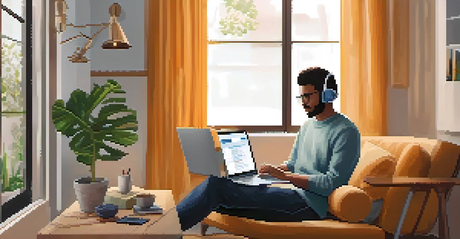 A person participating in a teletherapy session on a laptop at home, in a comfortable and inviting workspace.
