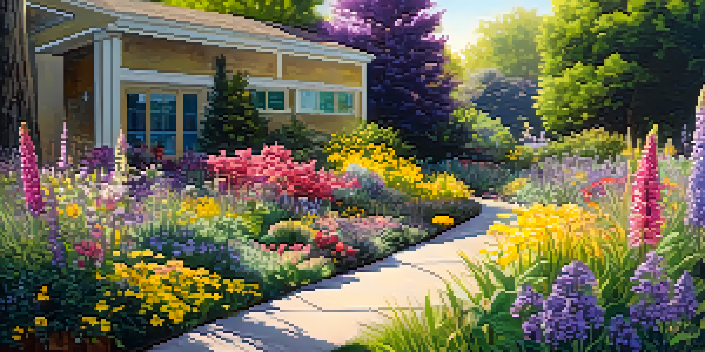 A colorful urban garden filled with blooming flowers and busy pollinators such as bees and butterflies, with sunlight shining through the leaves.
