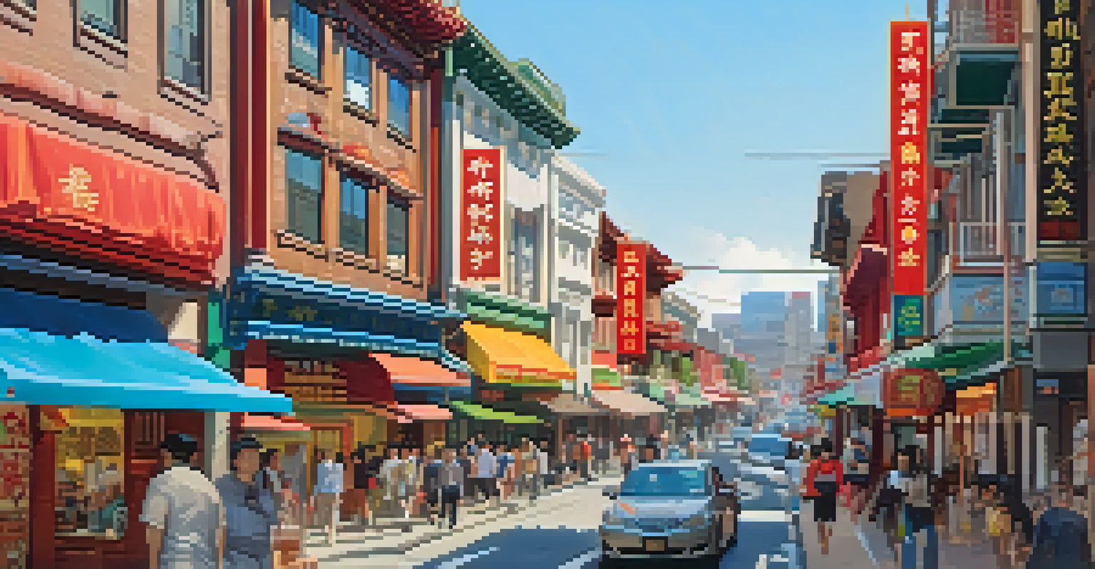 A panoramic view of a modern Chinatown, showcasing a blend of traditional and contemporary architecture with vibrant streets.