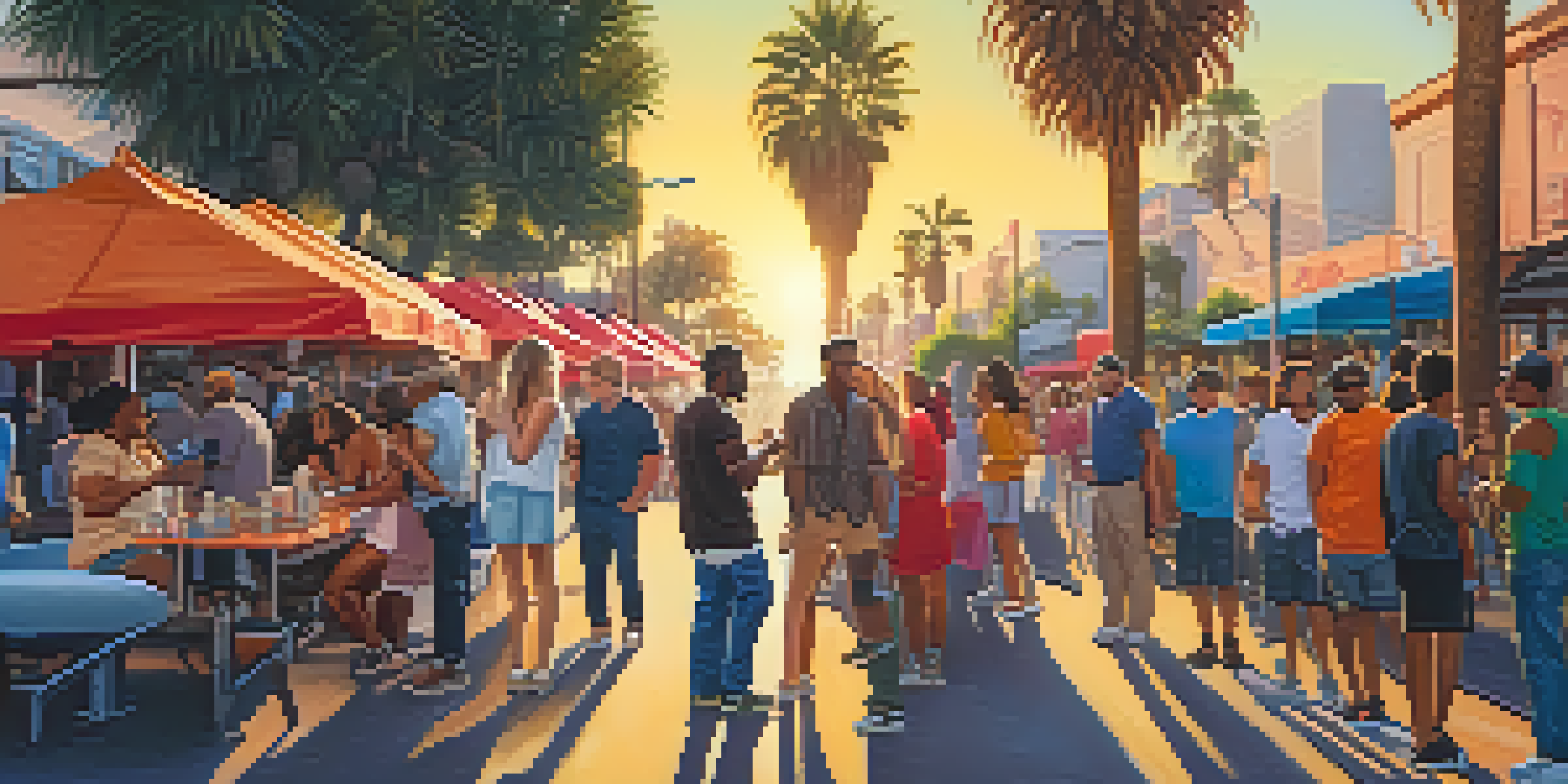 A diverse group of people talking animatedly in a colorful Los Angeles street with murals and palm trees under a sunset.